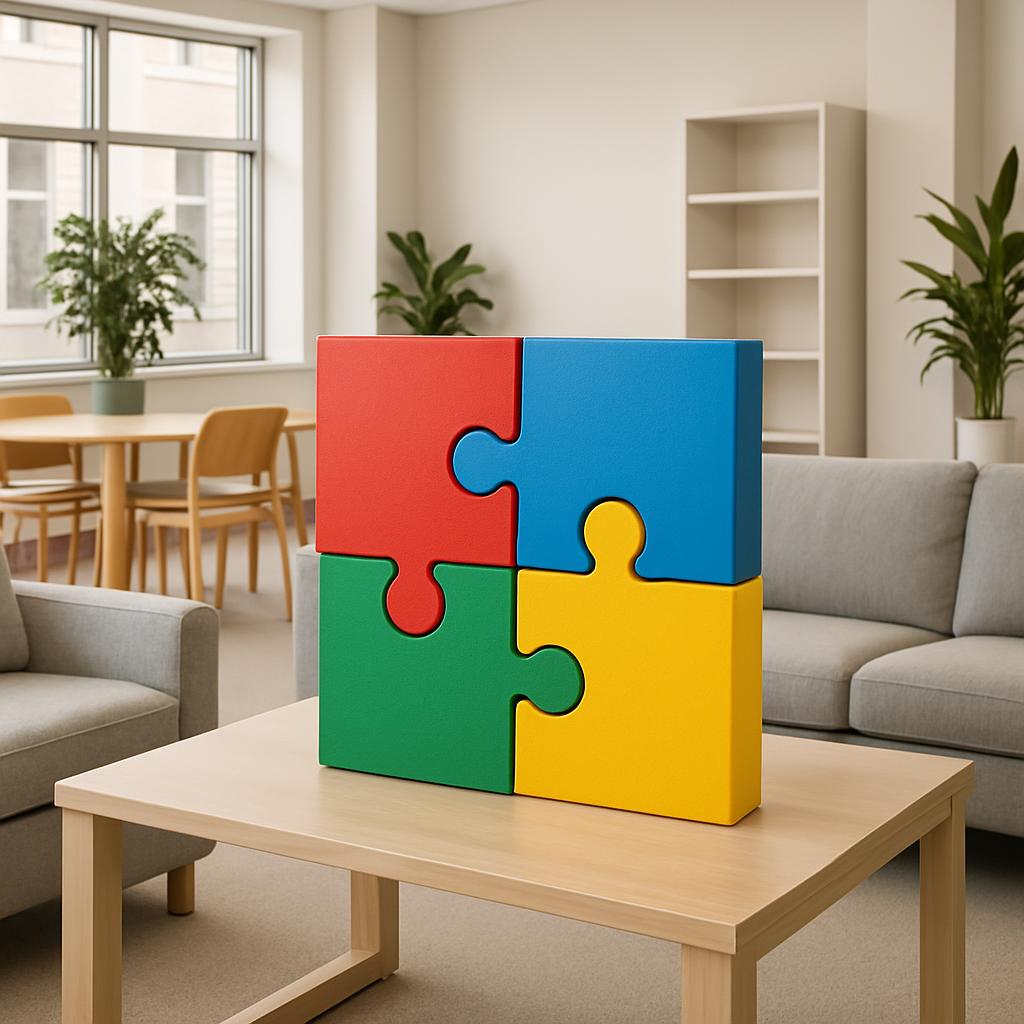 A living room with a table, sofa, and plants. A stand comprising four interlocking foam jigsaw puzzles is placed on a tabl...