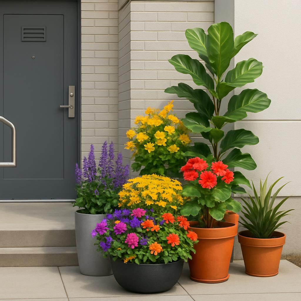 Five potted plants sit beside a dark grey door. The pots are grey, black, terracotta, terracotta, and brown; from tallest ...